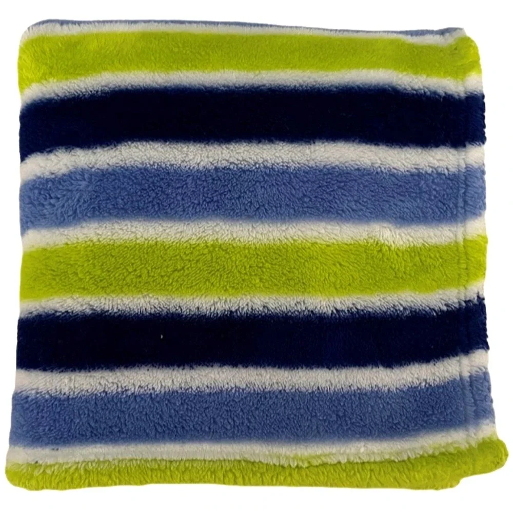 Baby Gear Blue Green Stripe Fleece Blanket White Soft htf‎ 30x36 Security Lovey